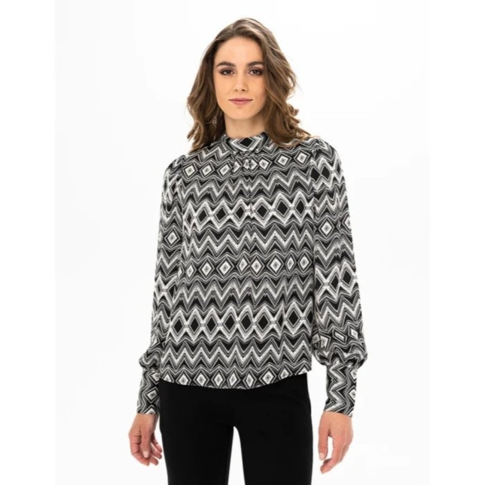 Joie Womens Blouse Top XS Black White Mock Neck Geometric Mod Long Sleeve